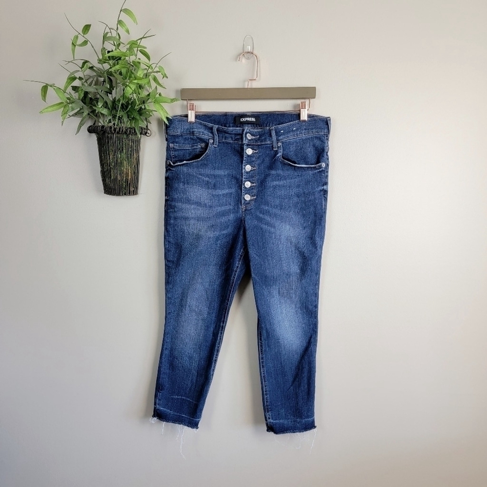 Express 14 Cropped Legging High Rise Exposed Button Fly Skinny Frayed Jeans P